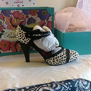 Black and white polka dot heels